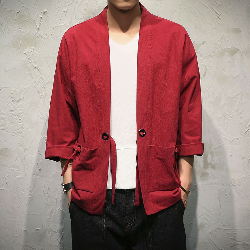 Chaqueta de estilo chino, manga tres cuartos, traje Tang masculino, Hanfu, cárdigan japonés japonés, kimono, lino, pino ancho image 14