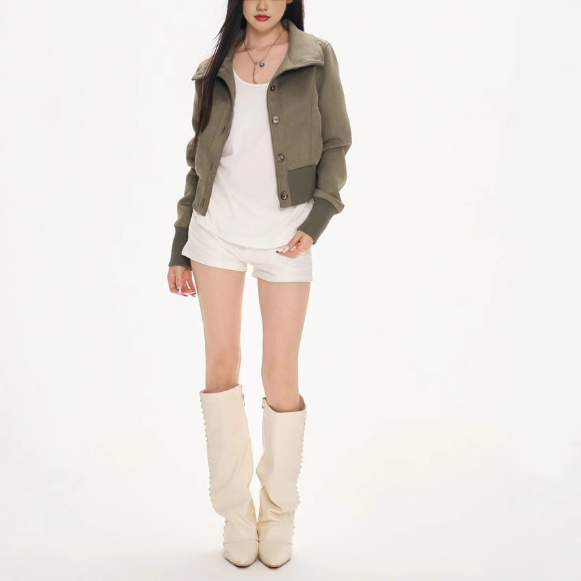 SOLOTAR Original Short Stand Collar Suede Jacket for Women, New Autumn Arrival, Slim Fit and Stylish Outerwear