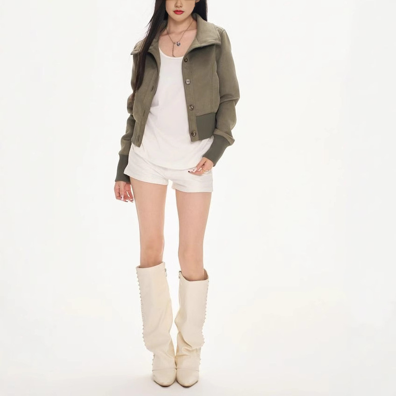 Solotar Original Short Stand-Up Collar Suede Texture Jacket Women's Autumn New Waist Slimming Look Design Jacket