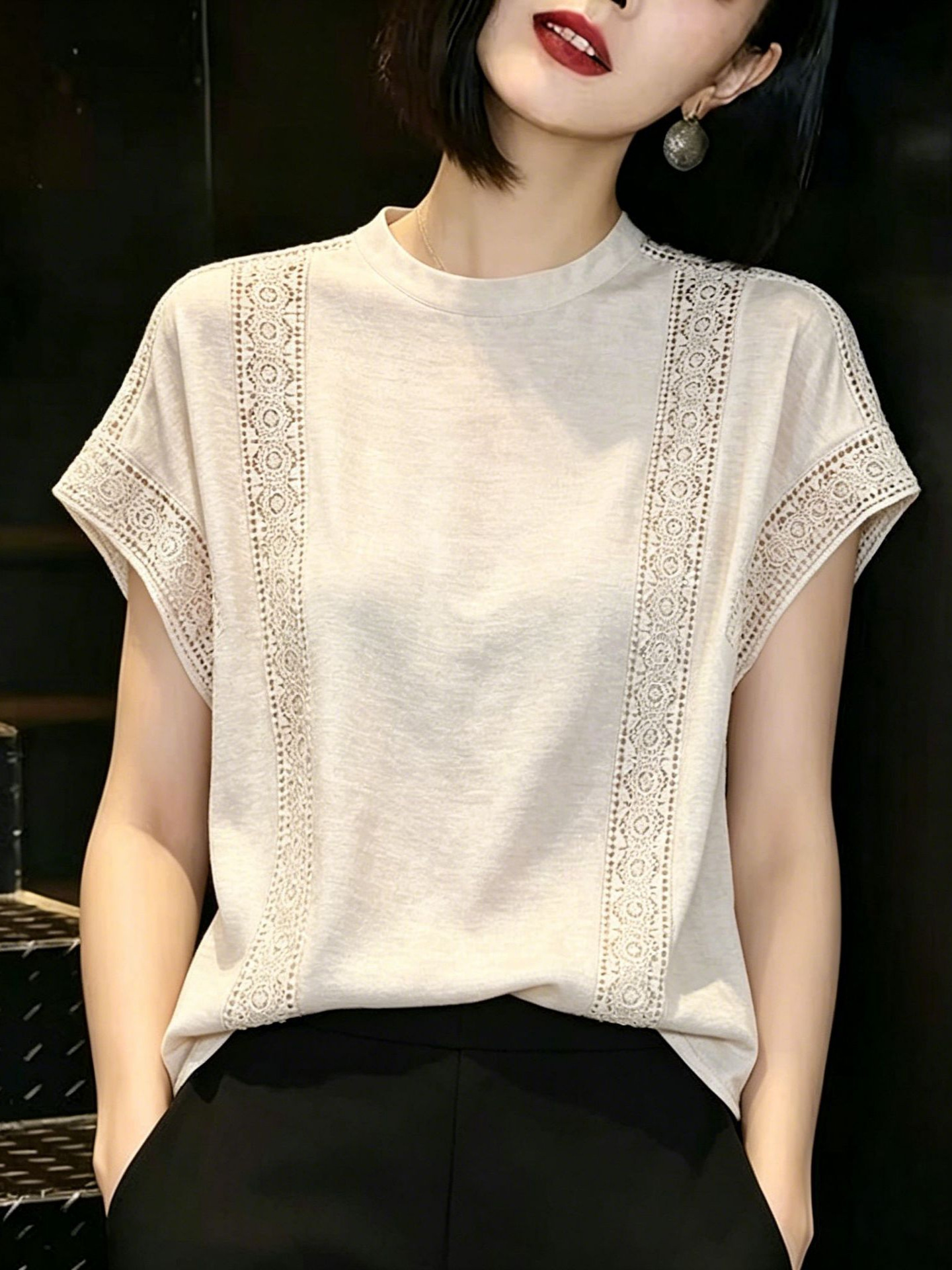 Design lace solid color summer elegant shirt with a round collar for…