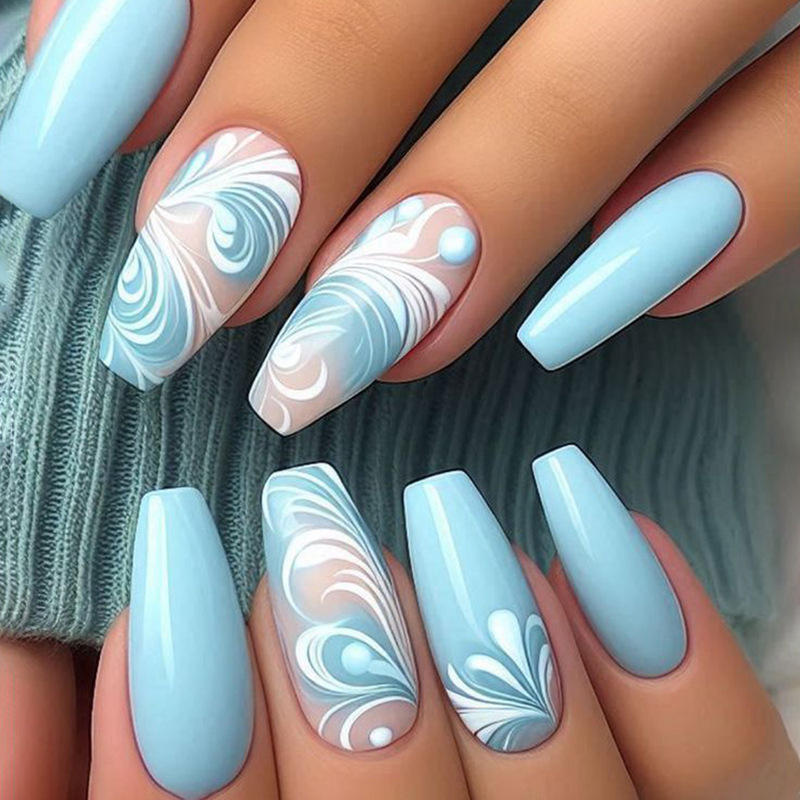 Mid-Length Ballet Nails with Light Blue Smudged White Patterns, Sweet and Cute Ins European and American Style Cross-Border Hot Sale