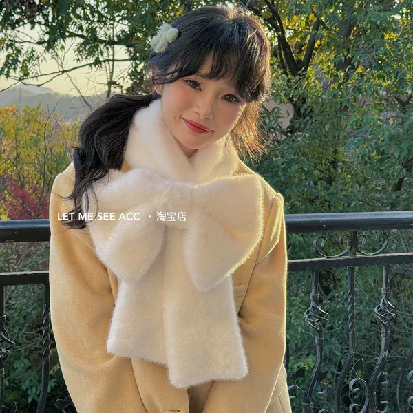Big Bow Furry Scarf for Women, Cute and Sweet Girl, Pure Color Autumn and Winter Cold-Proof Versatile Scarf, Warm Neck Cover