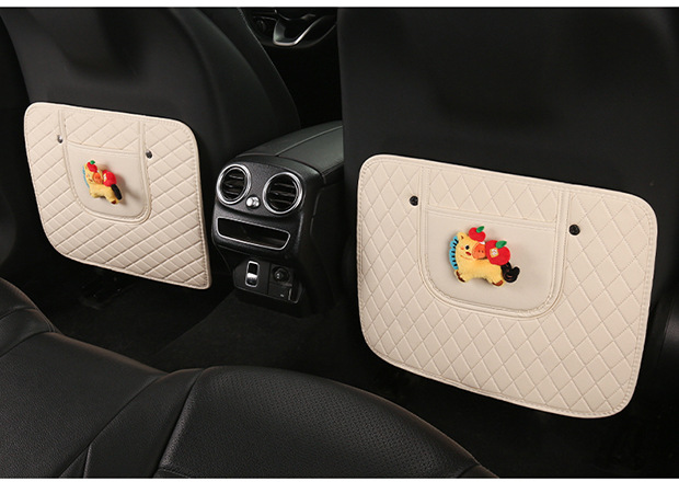Cute Cartoon Car Seat Back Anti-Kick Pad for Ladies, Car Seat Back Anti-Dirt Pad with Storage Strap