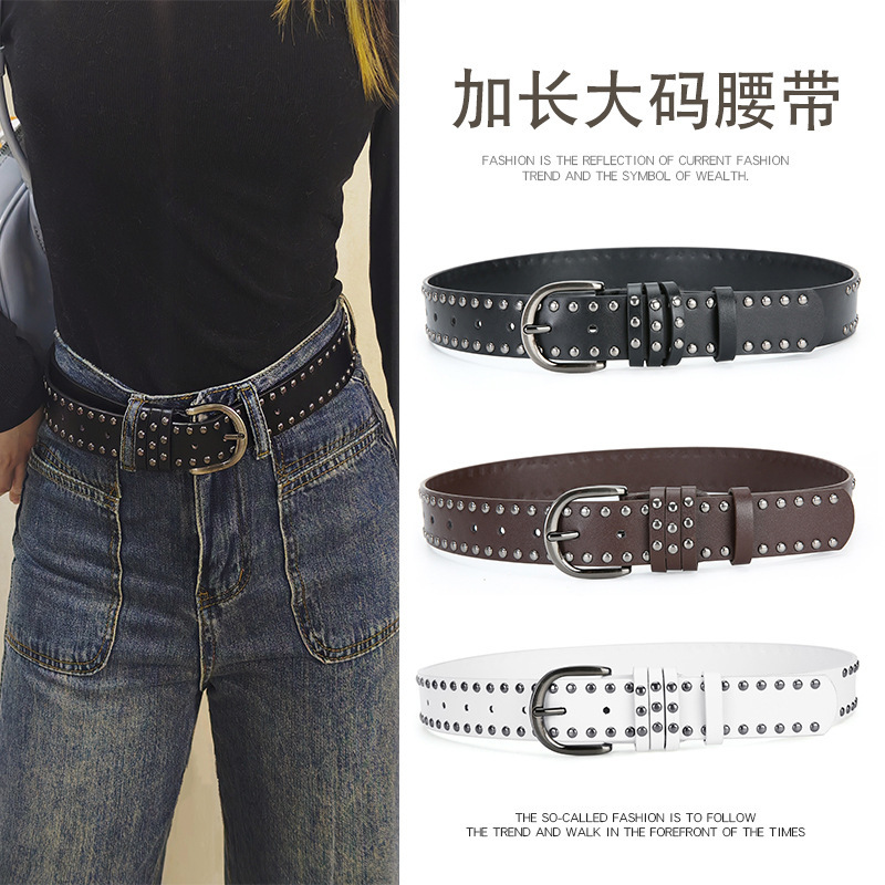 Black Women's Belt in Large Size with Rivets, Suitable for Jeans, Punk Style, High-End Fashion, Trendy and Versatile, Extended Length Black Women's Belt in Large Size with Rivets, Suitable for Jeans, Punk Style, High-End Fashion, Trendy and Versatile, Extended Length