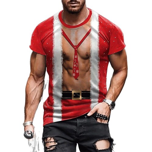 Fashionable 3D Merry Christmas printed T-shirt   False muscle series printed Christmas short-sleeved T-shirt