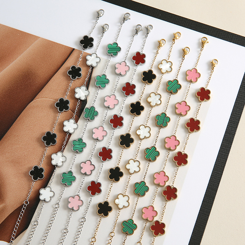 Cross-Border Popular Titanium Steel Five-Leaf Clover Double-Sided Bracelet, Fashionable, Light Luxury, Lucky Temperament, High-End, Versatile and Trendy Mother-Of-Pearl