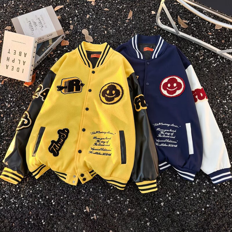 American Hip-Hop High Street Baseball Jacket Unisex Trendy Brand Retro Loose Casual Patchwork Leather Sleeve Jacket Coat American Hip-Hop High Street Baseball Jacket Unisex Trendy Brand Retro Loose Casual Patchwork Leather Sleeve Jacket Coat