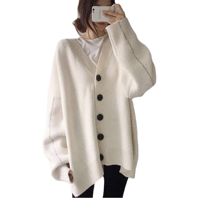 2026 New Autumn and Winter Lazy Loose Plus-Size Comfortable Sweater Cardigan for Women V-Neck Mid-Length Knit Cardigan