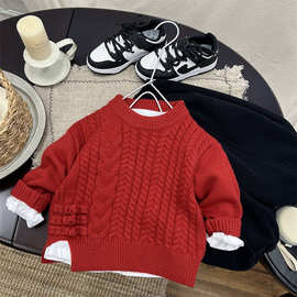 儿童红色针织衫年服男童冬季款打底衫小童过年衣服宝宝毛衣加厚