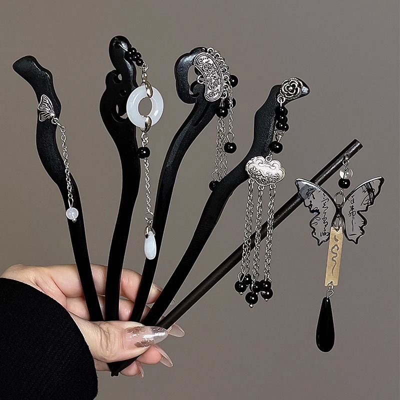Pinzas de cabello de madera de madera negra antiguo estilo femenino de alta calidad nuevo estilo chino bordilla de cabello de cabello de caballo de estilo Hanfu paso de caballo de cabeza de falda