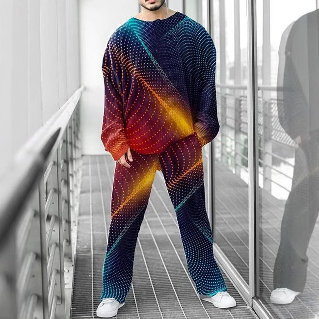 Colorido estilo personalizado estampado de dos piezas guapo otoño nuevo color contraste estilo Hong Kong cuello redondo camiseta pantalones ME6-MR10