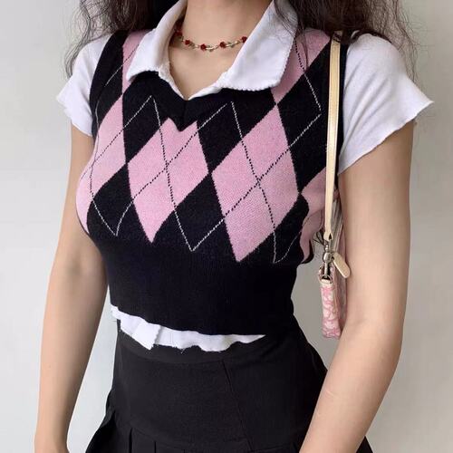 American retro contrasting diamond knitted vest vest for women  new college style V-neck sleeveless top