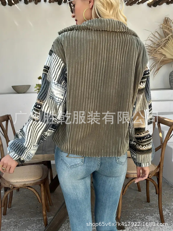 欧美跨境外贸女士秋冬季小众翻领长袖纽扣夹克 时尚拼 接外套棉服|undefined
