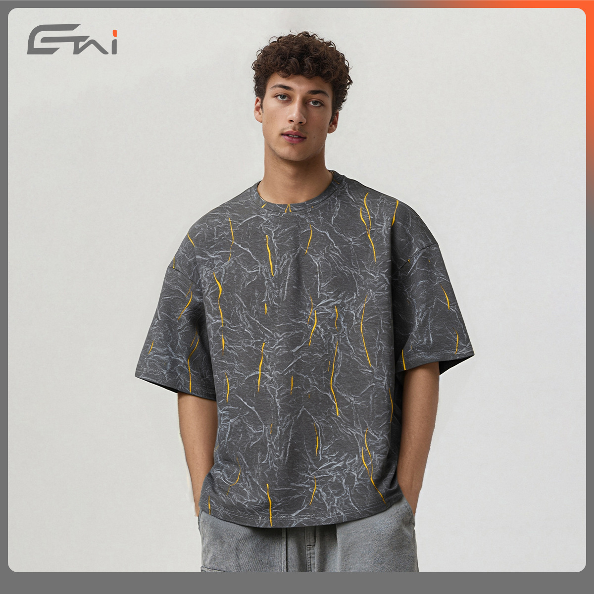 ETAI Hombre| Alta sensación de dos colores estampado relámpago corto ancho marca de alta calidad batítico camiseta de manga corta Boxy hombre