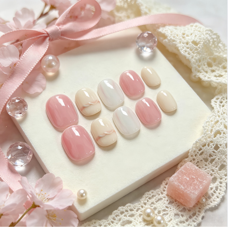 Milky White and Pink Girly Manicure, Macaron Dopamine Sweet and Cute Cartoon Wearable Nails, Short Style, Purely Handmade Milky White and Pink Girly Manicure, Macaron Dopamine Sweet and Cute Cartoon Wearable Nails, Short Style, Purely Handmade