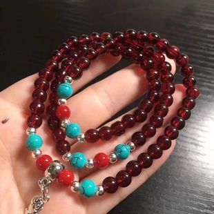 Wine Red Garnet beaded 3-ring winding bracelet ethnic style elegant halter Buddha beads beaded rosary beads for men and women 6mm