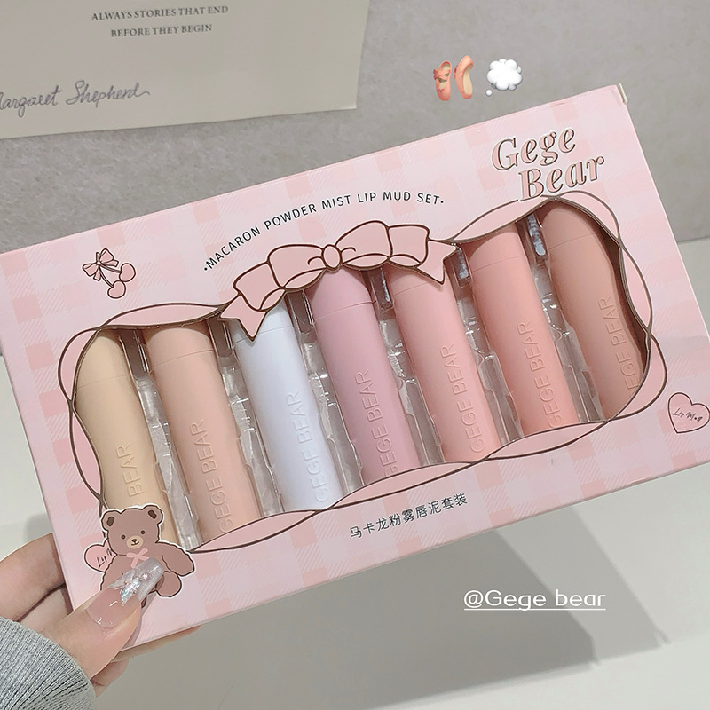 GegeBear macarón polvo de niebla labial caja de barro para mantener el maquillaje y el color no es fácil de descolorar el conjunto de lápiz labial de maquillaje transfronterizo