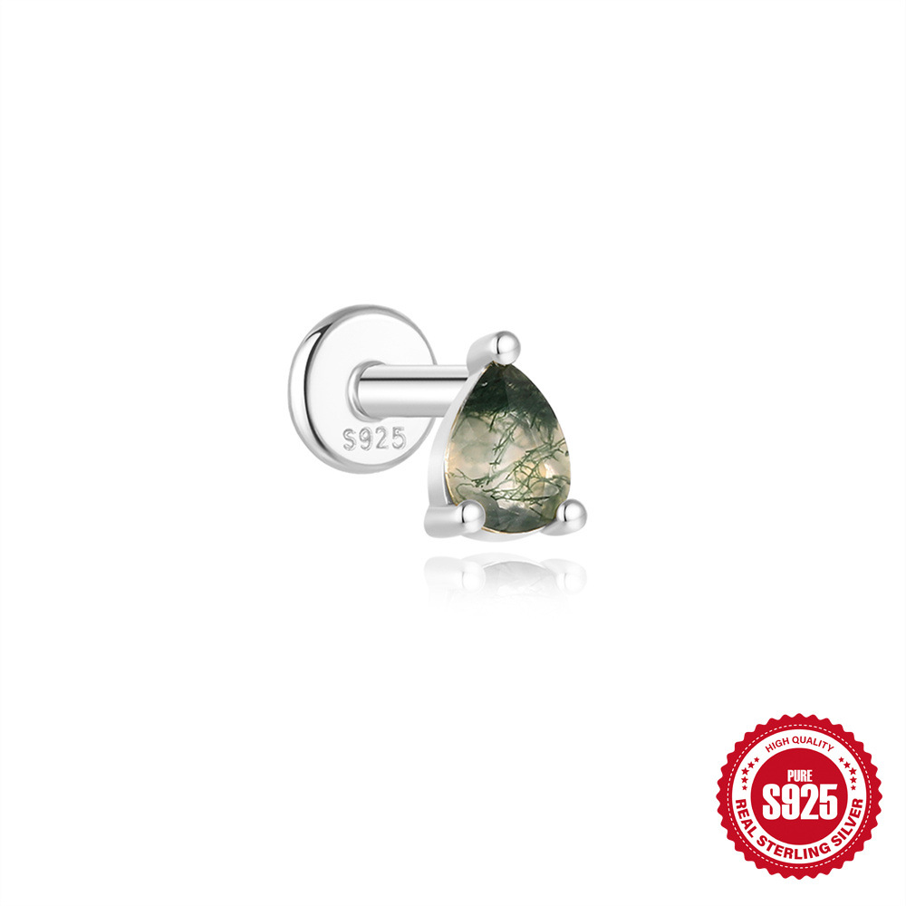 El nuevo s925 simple y moderno hierba de agua natural, uñas de hueso de oreja de ágata, personalidad de lujo ligera europea y americana, pendientes de piedra de musgo verde con incrustaciones