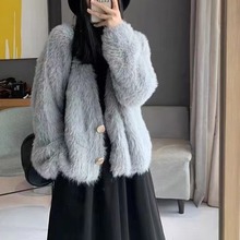 仿水貂绒针织外套女2023秋冬韩版纯色气质开衫针织毛绒绒开衫上衣