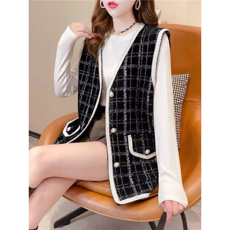 Xiaofang chaleco a cuadrícula chaqueta de mujer sin mangas para usar abrazadera de caballo imitación de agua de invierno invierno cardigan de punto image 6