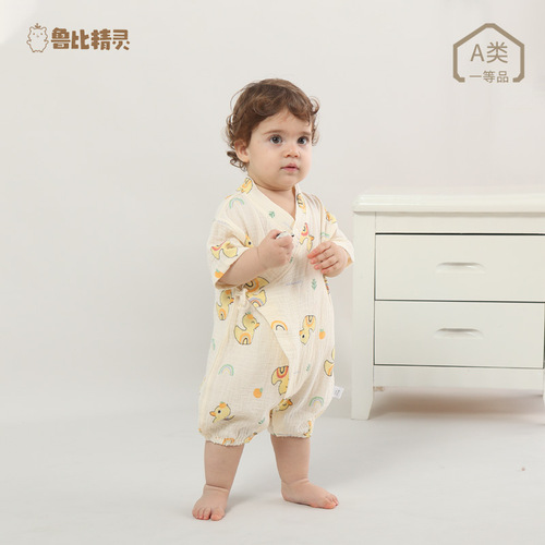 Baby gauze cotton bag fart clothes newborn one-piece clothes short-sleeved thin section cotton type A baby lace-up monk suit