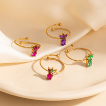 跨境新款彩色菠萝锆石钛钢戒指女独特几何指环简约时尚不锈钢饰品