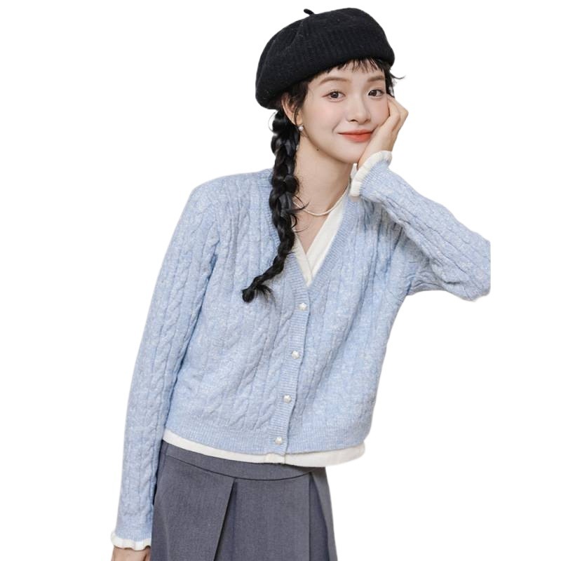 2025秋季新款艺术生松弛感假两件软糯毛衣女盐系麻花针织开衫外套|undefined