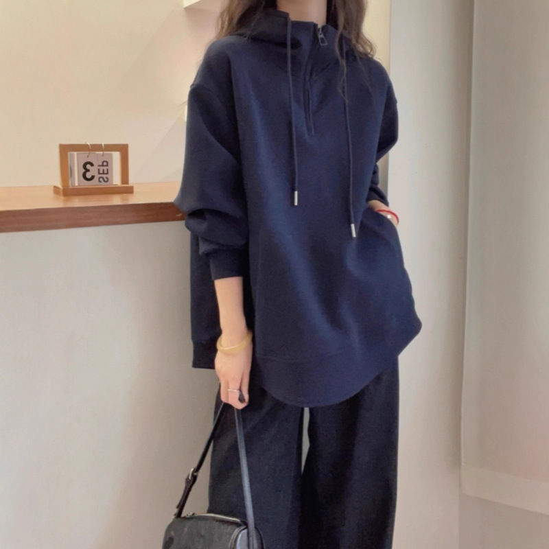 European-Style Hooded Half-Zip Right-Shoulder Sweatshirt for Women in Autum Plus Size Fat mm Slimming Look Mid-Length Butt-Covering Style Top European-Style Hooded Half-Zip Right-Shoulder Sweatshirt for Women in Autum Plus Size Fat mm Slimming Look Mid-Length Butt-Covering Style Top