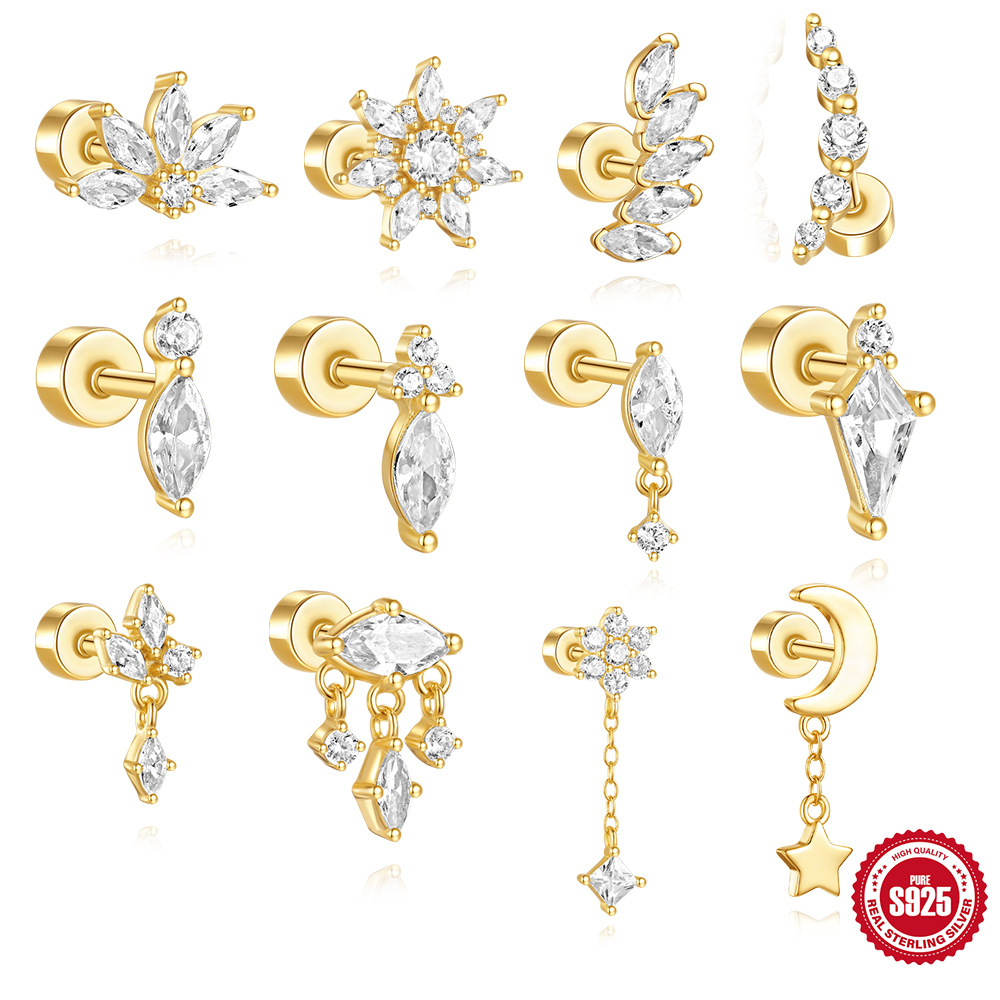 2024 nuevo s925 plata de ley estrella luna flor corona borla brillante personalidad cabeza plana hilo perforador oreja clavo