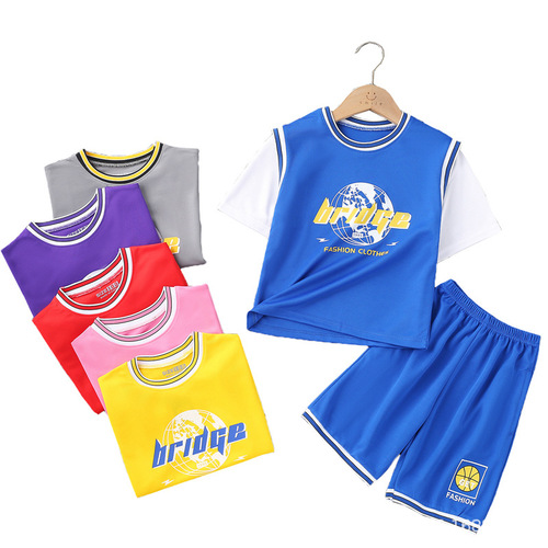 Children's fake two-piece basketball uniform quick-drying suit for boys and girls summer short-sleeved football jersey training team uniform sports