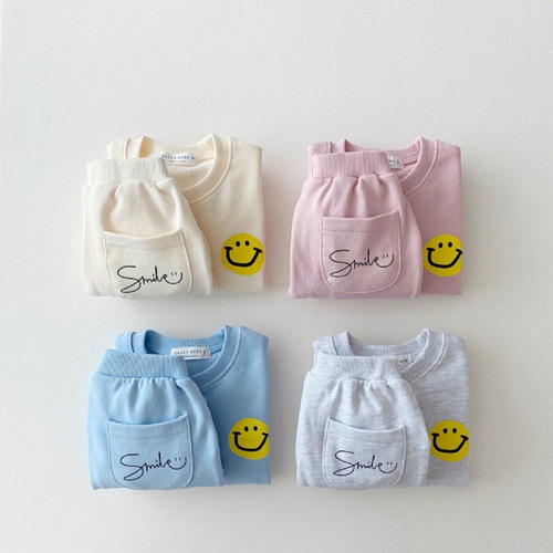 2024 Spring and Autumn Season Unisex Baby and Toddler Cotton Set with Smiling Design Loose Sweatshirt and Sweatpants Two-Piece Set