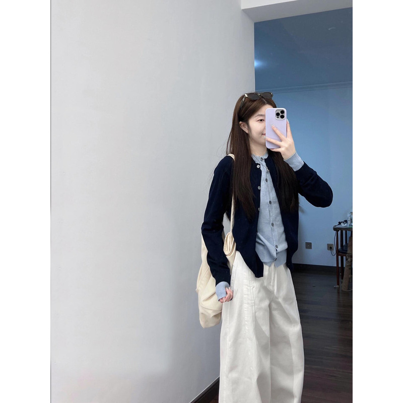 假两件层次感宽松上衣女秋季新款撞色拼接针织开衫学院风毛衣外套|undefined