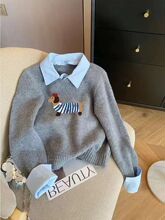 灰色假两件衬衫领内搭毛衣女秋冬短款慵懒风宽松打底针织上衣