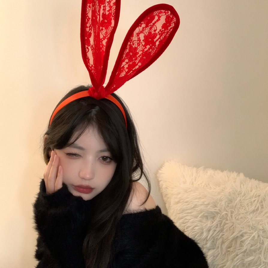 Lace Bunny Ear Headband with Blindfold and Bell, Black Handmade Party Headwear — detail image 3