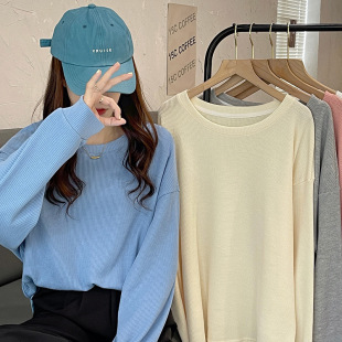 Age-reducing Small Fresh Waffle Solid Color Crewneck Sweat Women's Japanese Style Sweet and Gentle Style Lazy Small Top Women