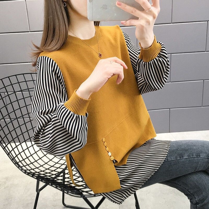 【Yangyang Family】Women's Faux Two-Piece Top, Striped Long-Sleeve Knit Shirt, Vest, Thin Sweater, Base Shirt 【Yangyang Family】Women's Faux Two-Piece Top, Striped Long-Sleeve Knit Shirt, Vest, Thin Sweater, Base Shirt