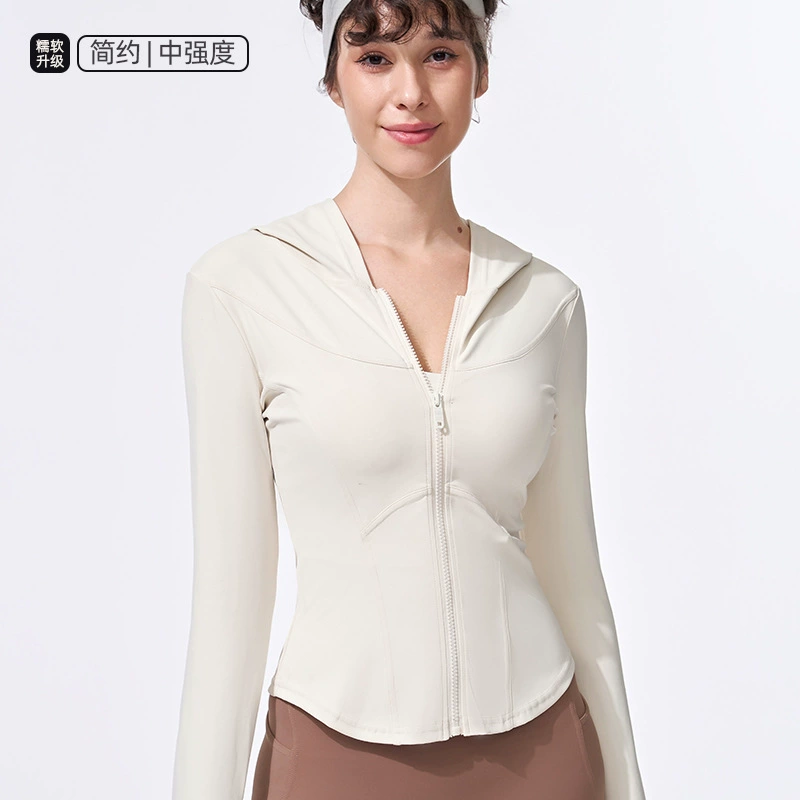 Summer breathable yoga clothing, travel long-sleeve with zipper, quick dry jacket for leisure with hood, fitted, for running