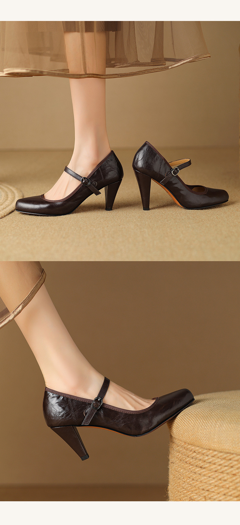 Giày cao gót nữ da cừu miệng nông gót dày Mary Jane 9 cm — Màu đen [9 cm] chi tiết 14
