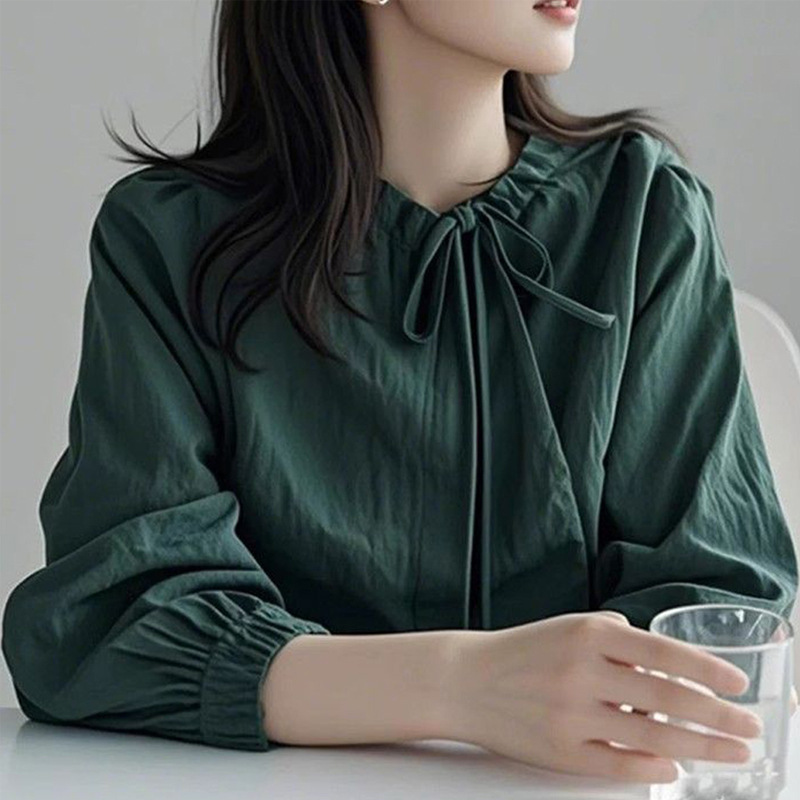 绿色蝴蝶结系带衬衫女高级感轻奢减龄洋气复古港风多巴胺穿搭上衣|undefined