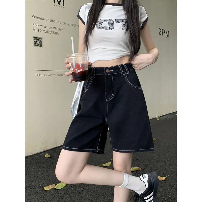 【韩牛】黑色牛仔短裤女夏宽松直筒2025秋季高腰显瘦百搭五分裤子|undefined