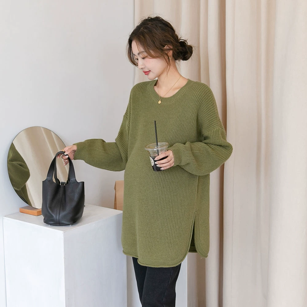 Осенне-зимнее новое платье для беременных в западном стиле, модный тонкий свитер с круглым вырезом и разрезом сбоку, Модная вязаная базовая одежда для мам