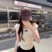 2025夏季新款蝴蝶结圆领短袖针织衫韩系抽绳不规则修身短款上衣潮