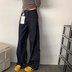紺色の狭い版のストレートジーンズの女性の春の新型の大きいサイズの太ったmmの梨の形の高い腰はやせています。
