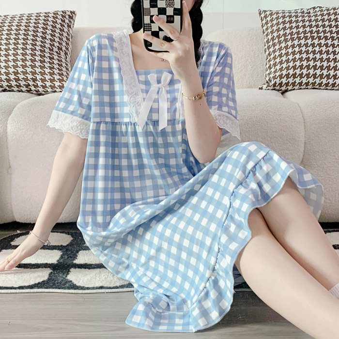 2023 verano Camisón de algodón artificial Plaid encaje ins princesa estilo dulce chica manga corta pijamas casual Home wear