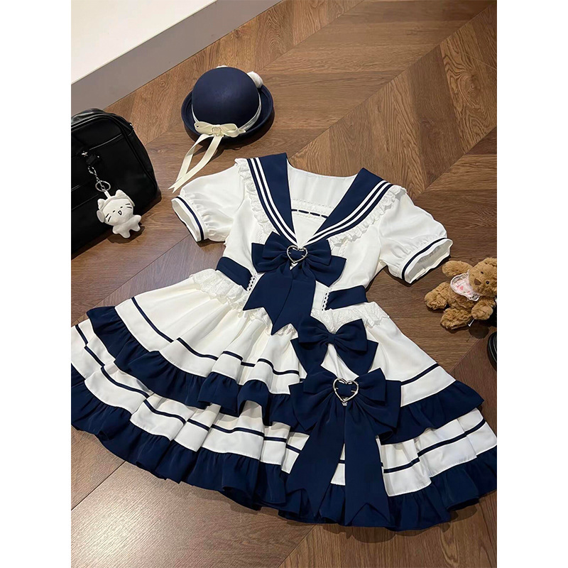 College Style Cute Summer Navy Style Cyan Aqua Blue Youthful Energetic Girl Jk Cake Skirt Dress