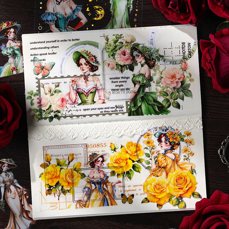 Pegatinas anticuadas transparentes láser impermeables para mascotas diy pegatinas de diario de contabilidad retro europeas transfronterizas pegatinas de chicas