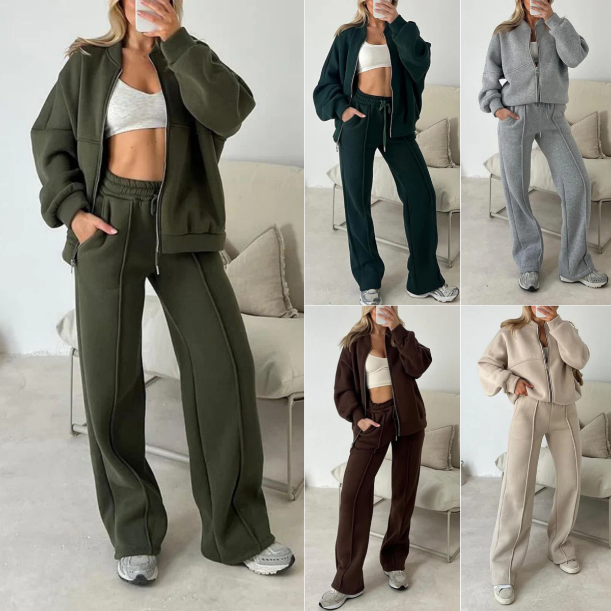 European and American Cross-Border Women's Clothing 2024 New Fashion Casual Suit Pure Color Long-Sleeved Sweatshirt Zipper Pants Two-Piece Set