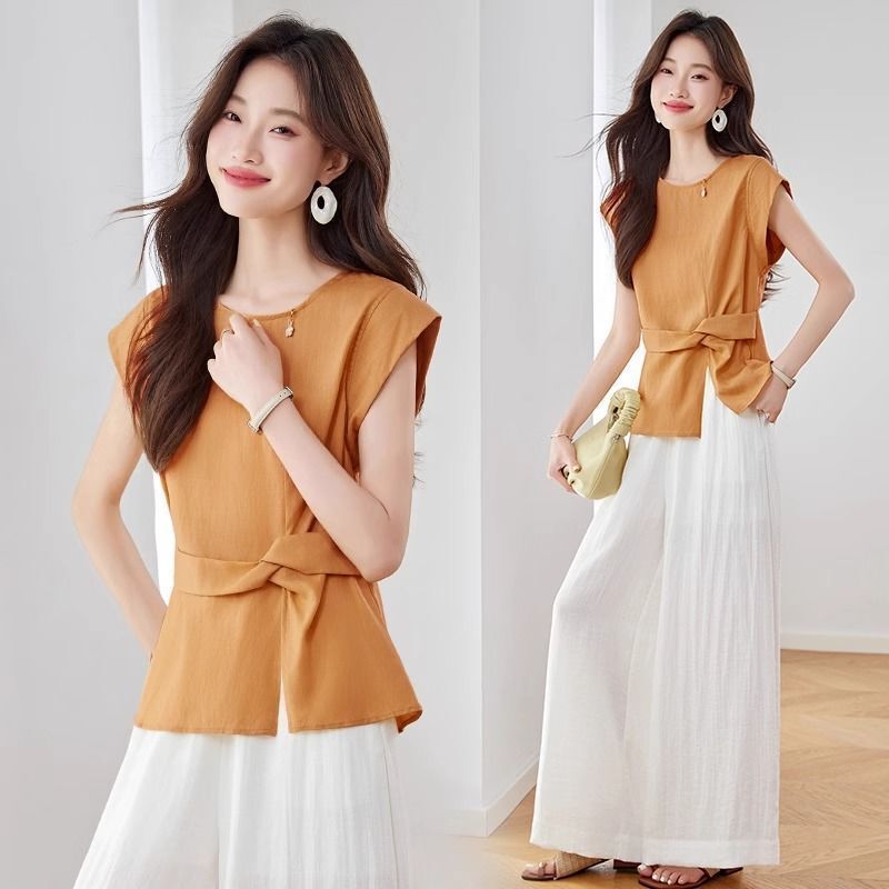 2026 Summer New Fashion Stylish Slimming Cotton-Linen Set for Women, Sleeveless Top and Loose Wide-Leg Pants Two-Piece Set for Women