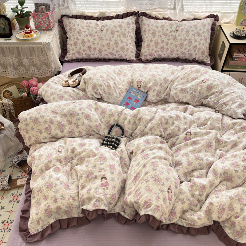 Doble hilo impresión de encaje de cuatro piezas en la cama de cuatro piezas sábanas de cama de tres piezas al por mayor