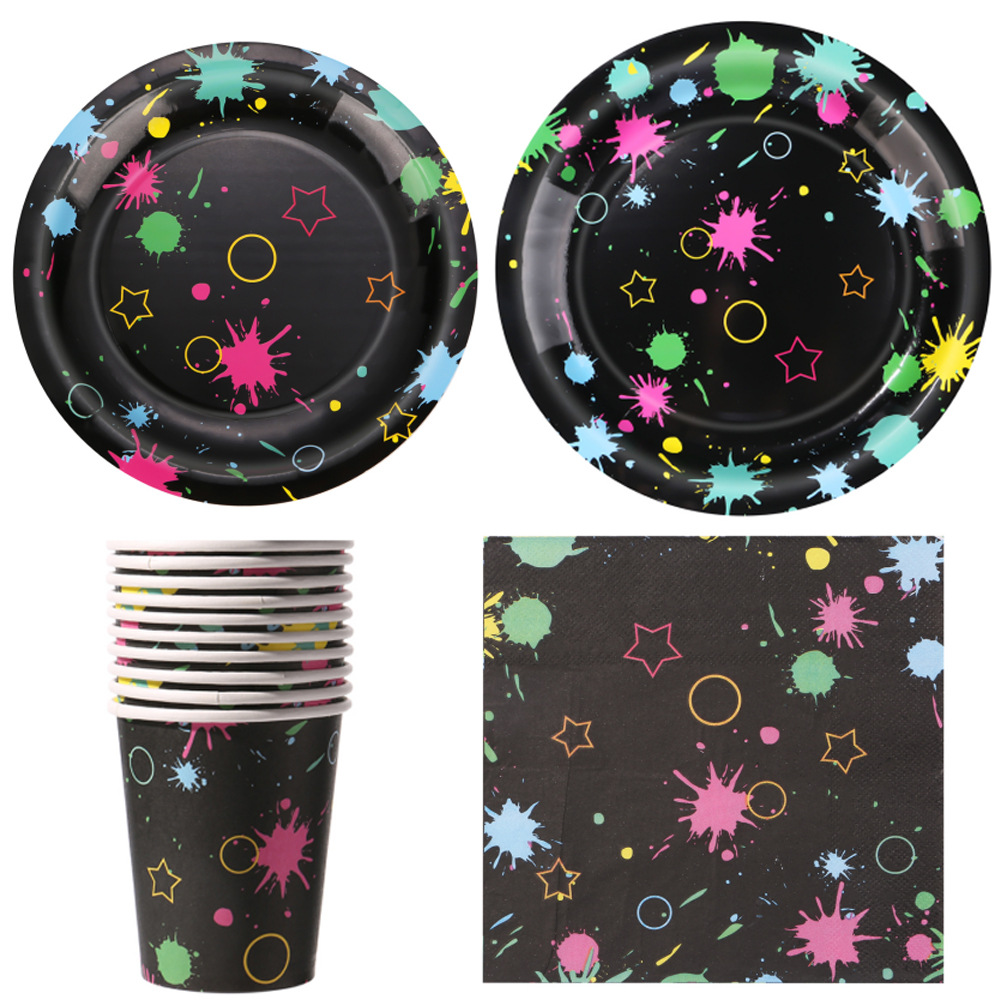 Temas de neón pintados de cumpleaños fluorescentes desechables cubiertos de fiesta tazas de papel toallas de papel bandejas de mesa pintura de color
